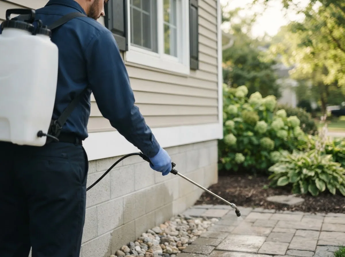 Pest control technician inspecting a home in Damascus, OH